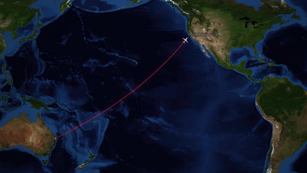 Airplane icon travels across Pacific Ocean map from Brisbane to San Francisco with red line