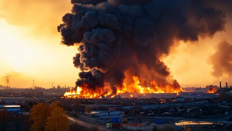 a large plume of black smoke billows out from a large industrial area