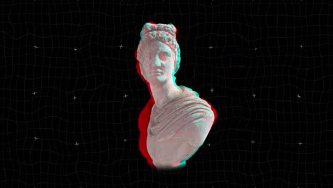 Animation-of-ancient-bust-sculpture-turning-with-glitch-on-black-background