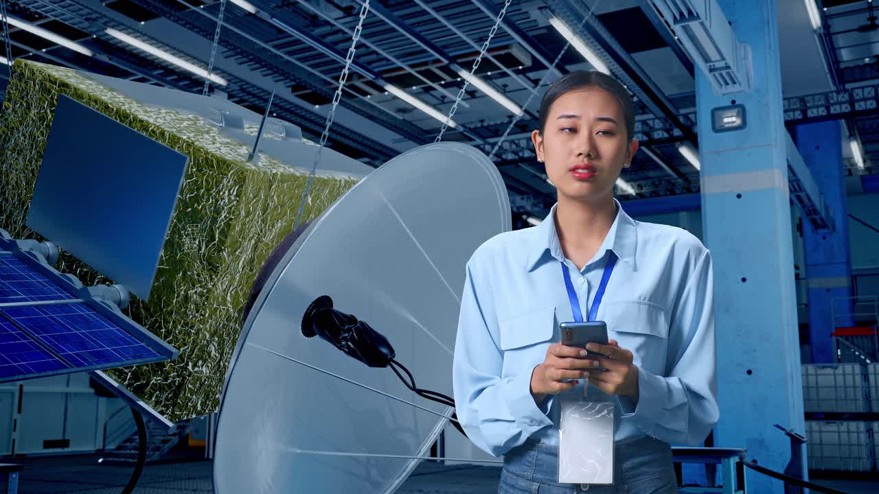 여성 엔지니어가 공장에서 위성을 확인하고 있습니다.