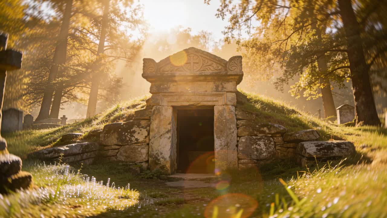 Telecamera che si avvicina e si abbassa rivelando una camera sepolcrale in pietra scolpita su un tumulo erboso, con un ingresso.