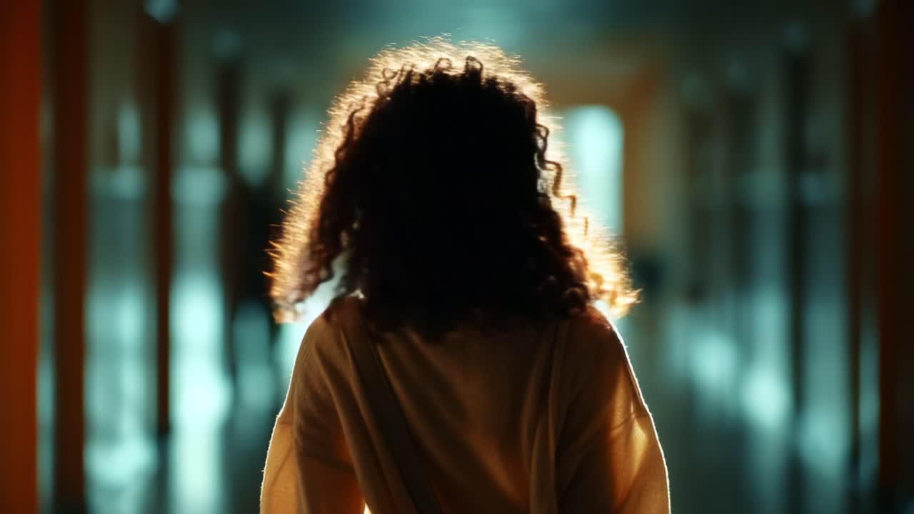 A Profile of Contemplation: A Person with Curly Hair Stands Against a Softly Lit Corridor, Captured in a Serene Moment of Reflection and Mystery, Abounding with Warm Light and Depth