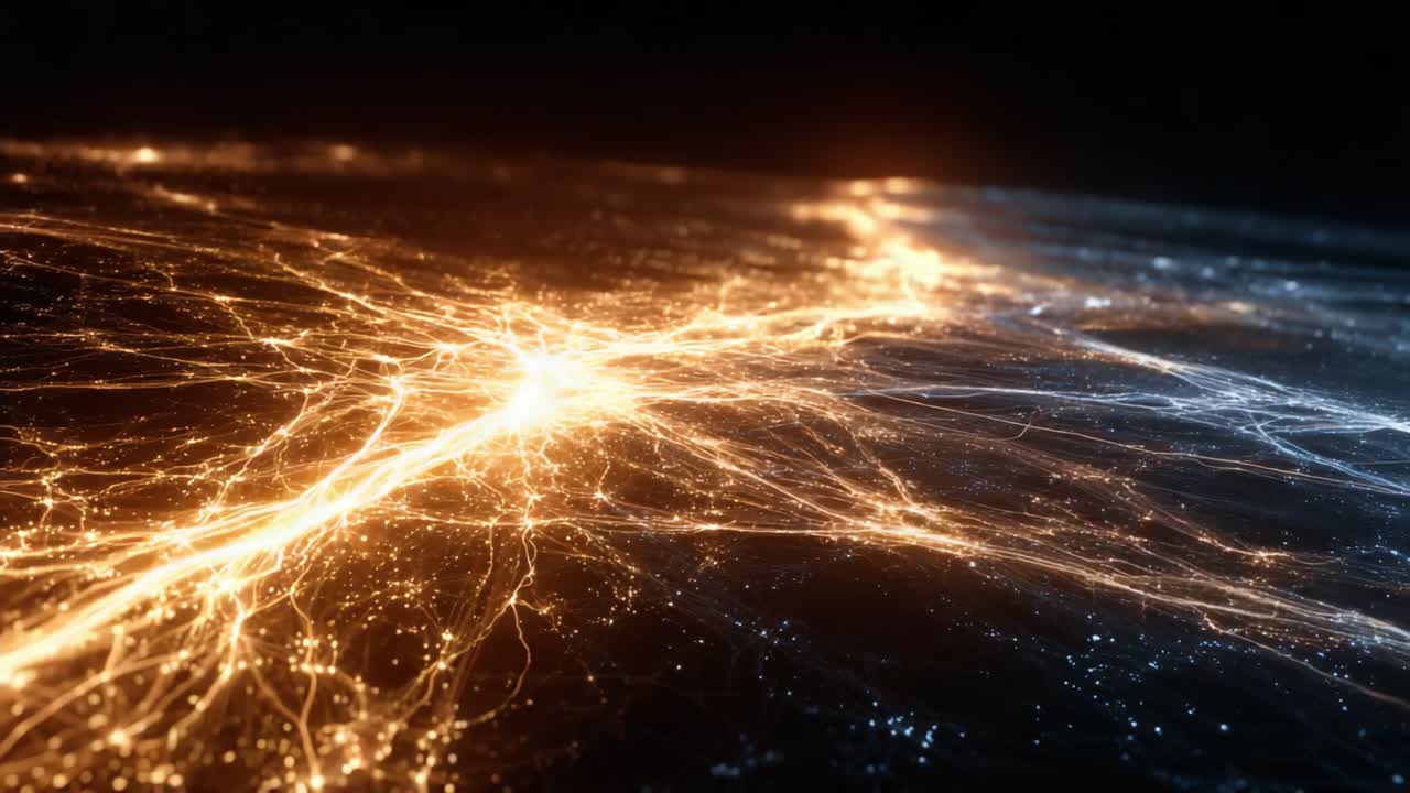 An Intricate Display of Energetic Flow: A Captivating Visualization of Dynamic Light Patterns and Interconnected Pathways in a Dark Environment