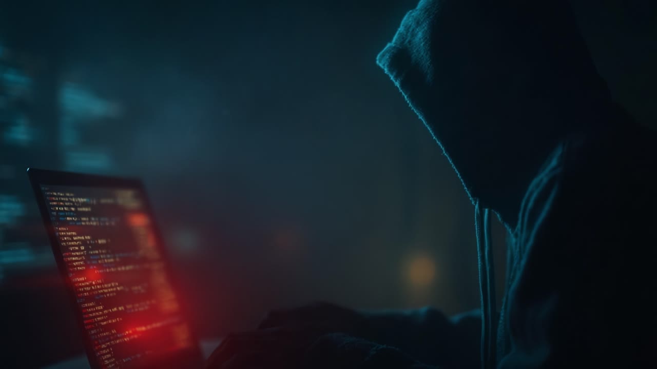 A Mysterious Hacker Engrossed in Code: Exploring the Shadowy World of Cyber Intrusion with a Hoodie-Clad Figure Illuminated by Glowing Screens