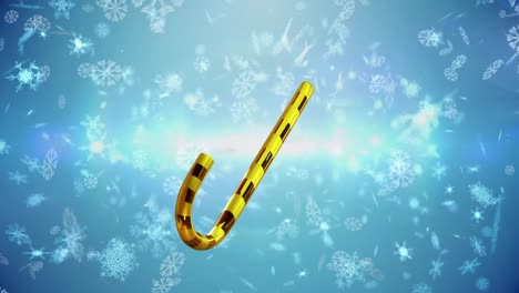 Animation-Von-Weihnachtlichen-Goldenen-Zuckerstangen-Und-Schnee,-Der-Auf-Blauen-Hintergrund-Fällt