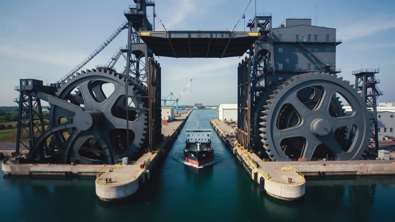 Moving small tug vessel entering narrow canal, passing under gantry between giant gears toward port
