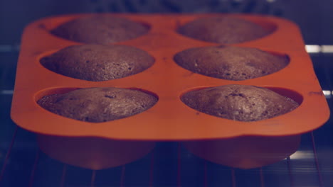 baking delicious chocolate petit gateaux in an oven - time lapse