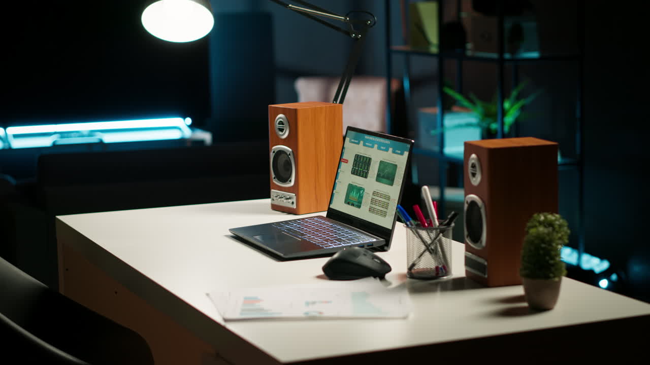 아하고 창의적인 작업 공간이 있는 현대적인 로프트 아파트의 세련된 홈 오피스