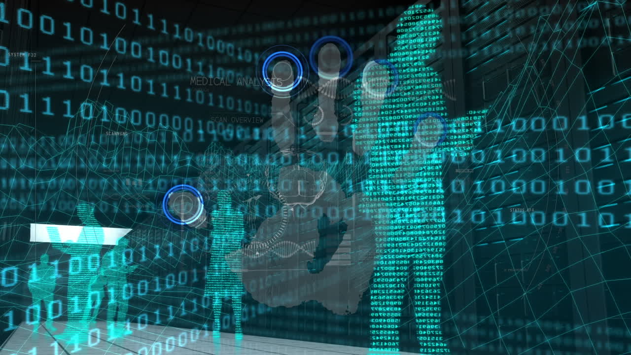 Animation of binary code, hand and digital human models