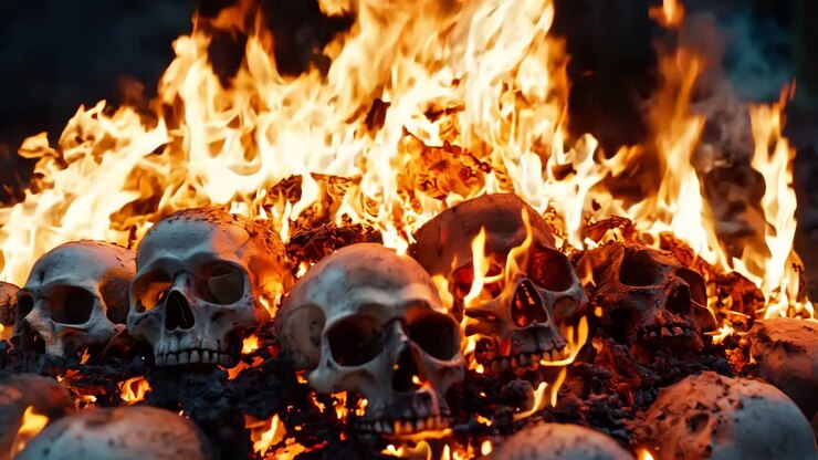 A group of skulls sitting on top of a pile of fire