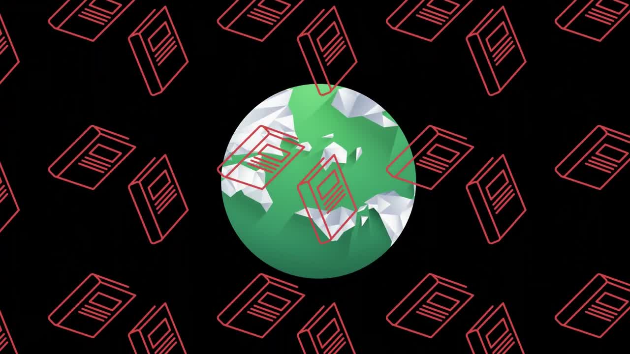 animación de globo con patrón de libro en fondo negro.