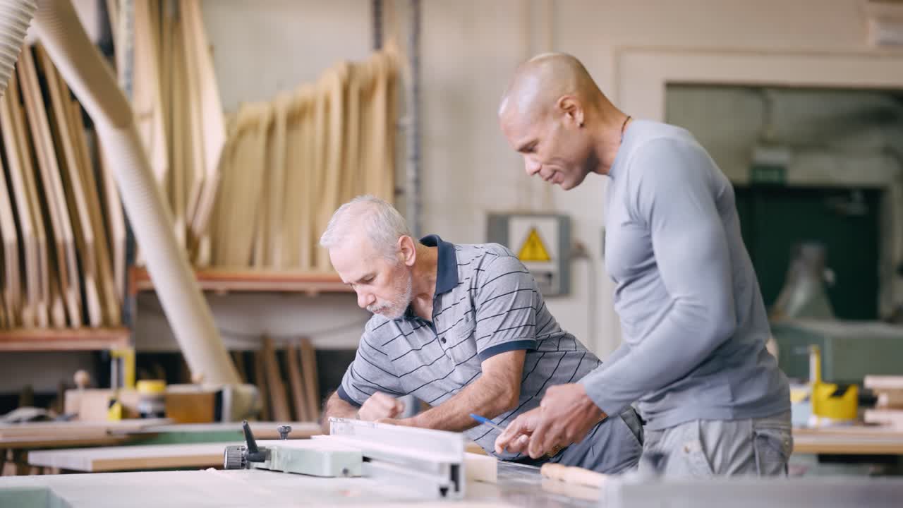Two Carpenters Measuring Wood Together in a Workshop