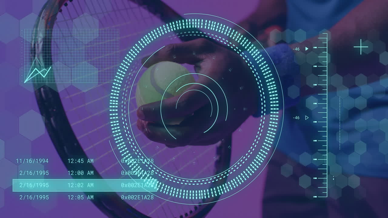 Animation of scope scanning and data processing over african american male tennis player