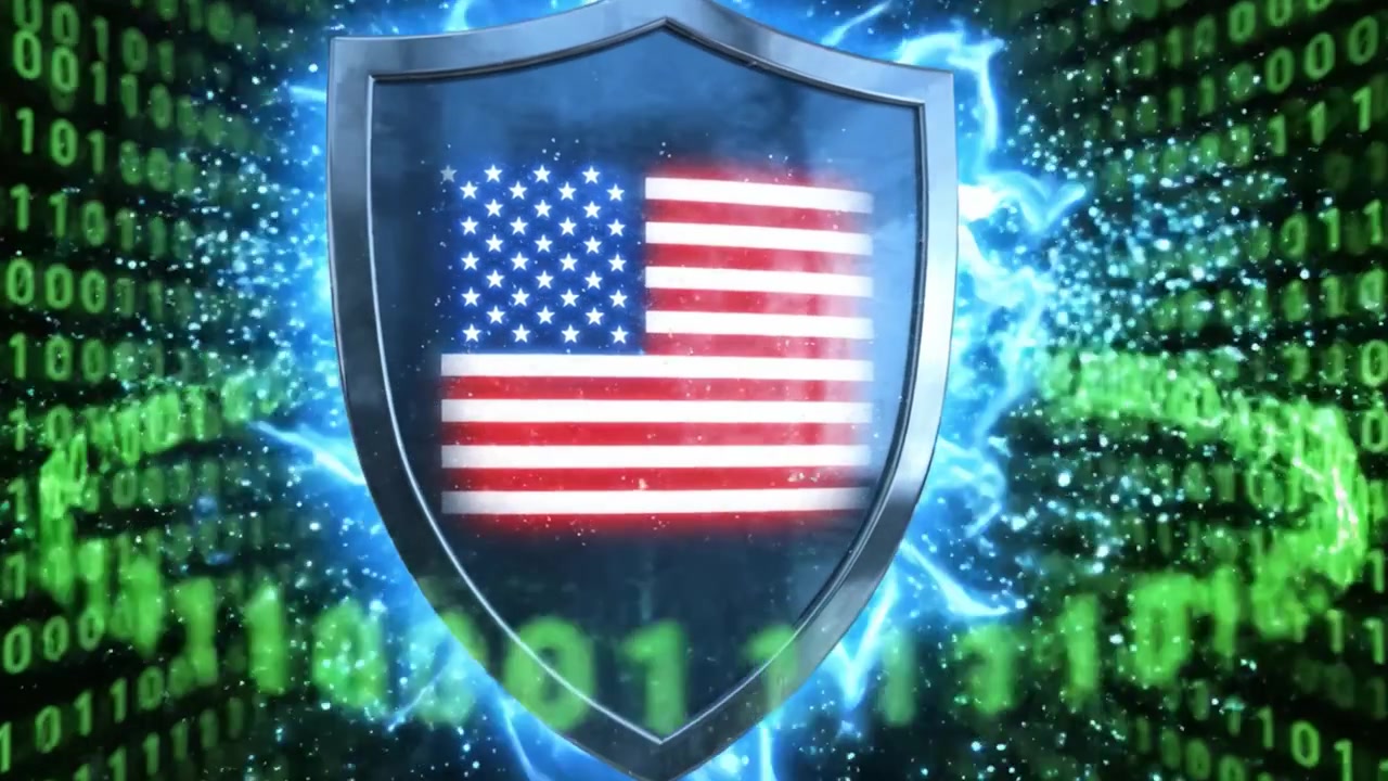 En dramatisk fremstilling af cybersikkerhed: En rejse gennem binære koder, der fører til et beskyttet symbol med amerikansk identitet.