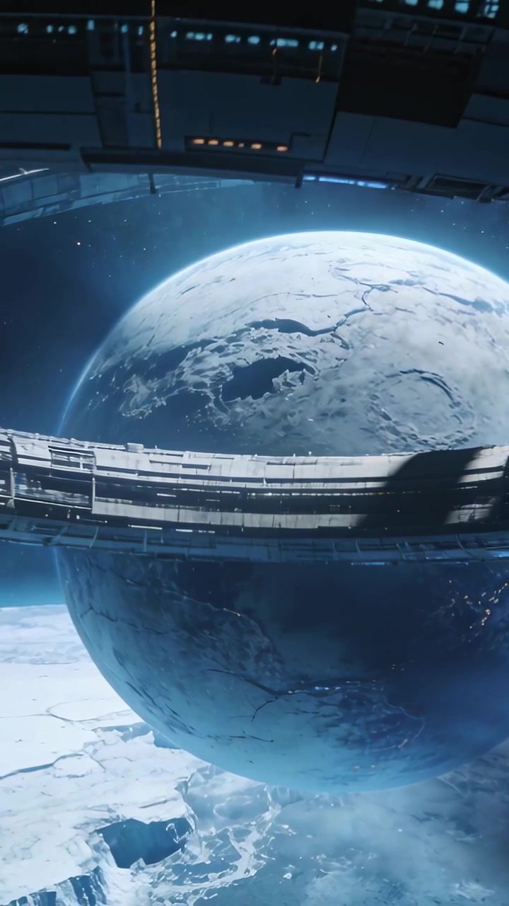 Vertical video: Camera tilting revealing icy planet through ring station, showing lit panels above