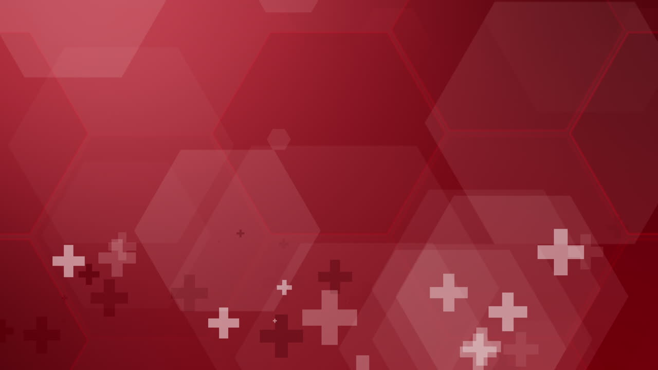 Healthcare medical background with hexagons pattern and crosses. Dark red loop animation with copy space.