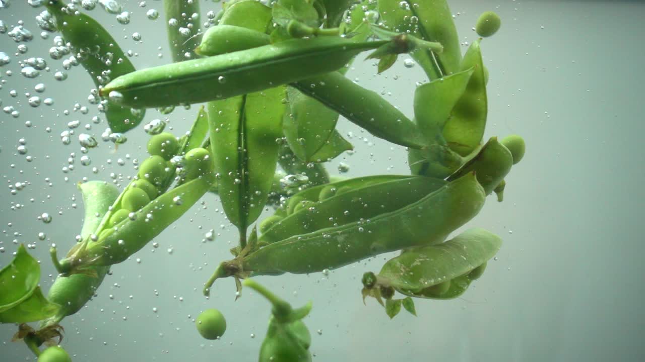 Falling of green peas in water. Slow motion