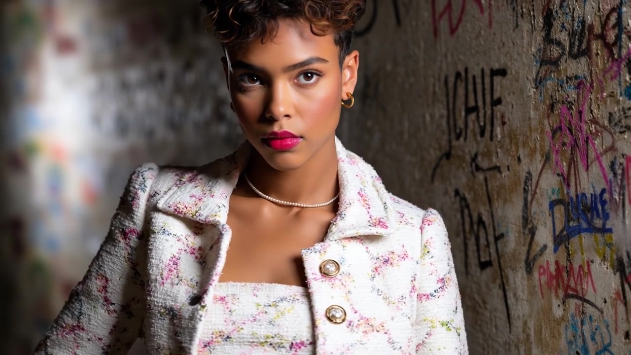 Elegant young woman in a white tweed jacket posing against a graffiti wall