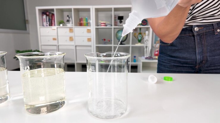 Una persona versa un liquido trasparente in un becher di vetro durante un esperimento di chimica in un'aula scolastica