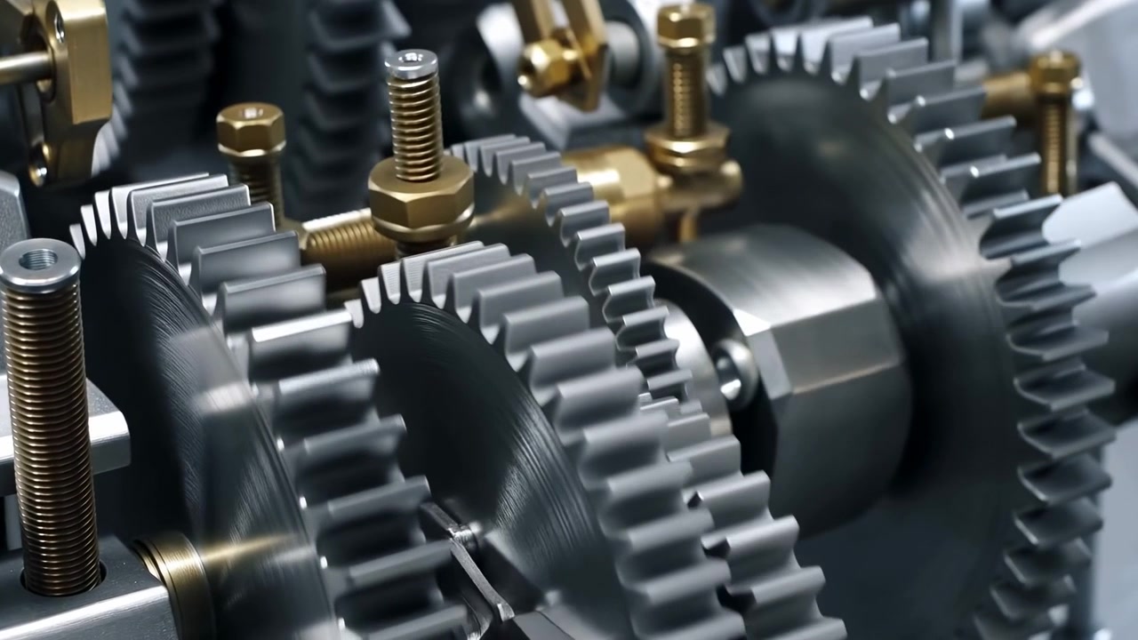 Primo piano di ingranaggi metallici che si innestano all'interno di un cambio, ruote dentate in acciaio lucidato ruotano sotto un sottile strato d'olio, bulloni in ottone.