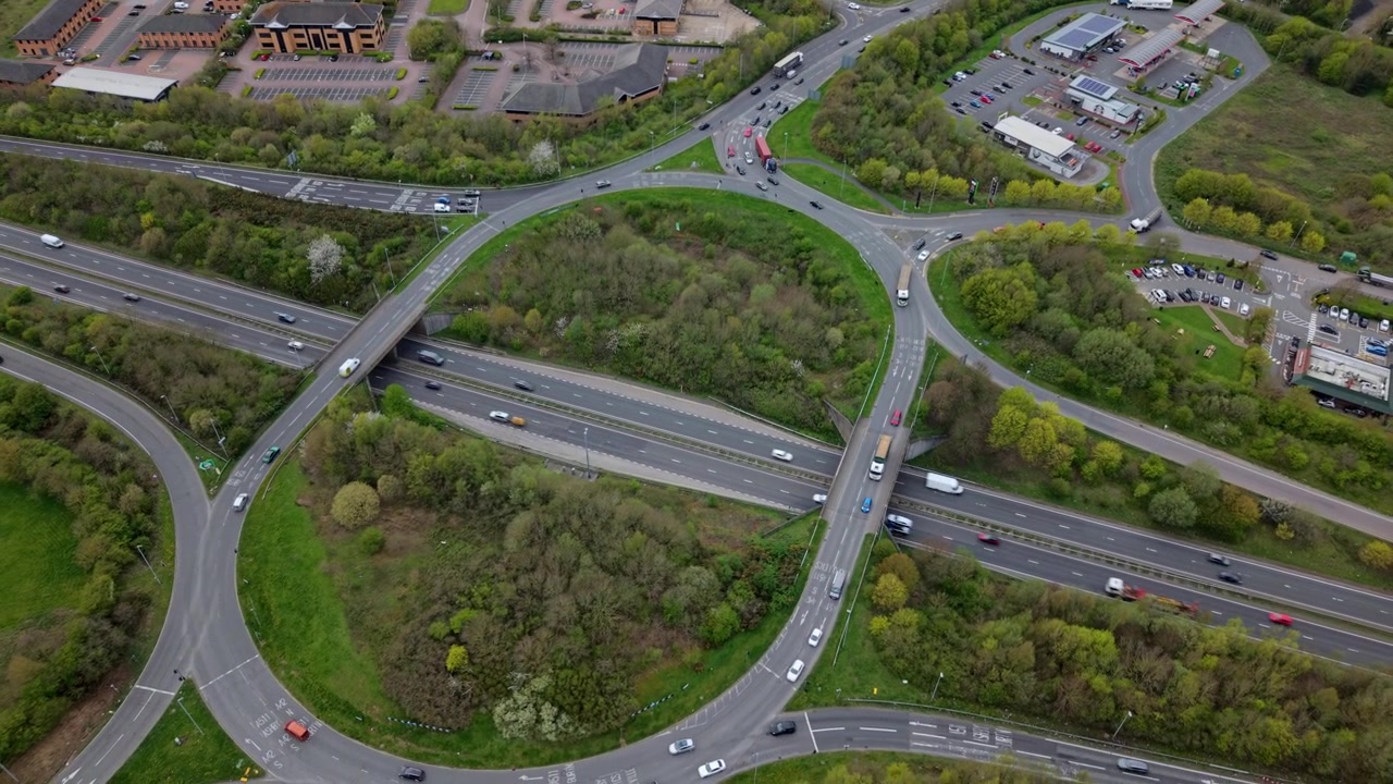 Aerial View of Busy Highway Interchange and Services in Ashby-de-la-Zouch UK
