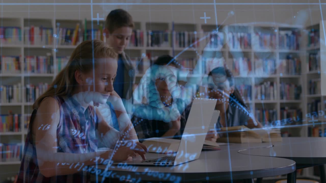Schoolgirl opening laptop initiating code overlay, teen guiding peers working on school assignment