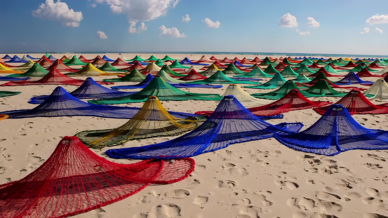 Colorful Fishing Nets Drying on the Beach