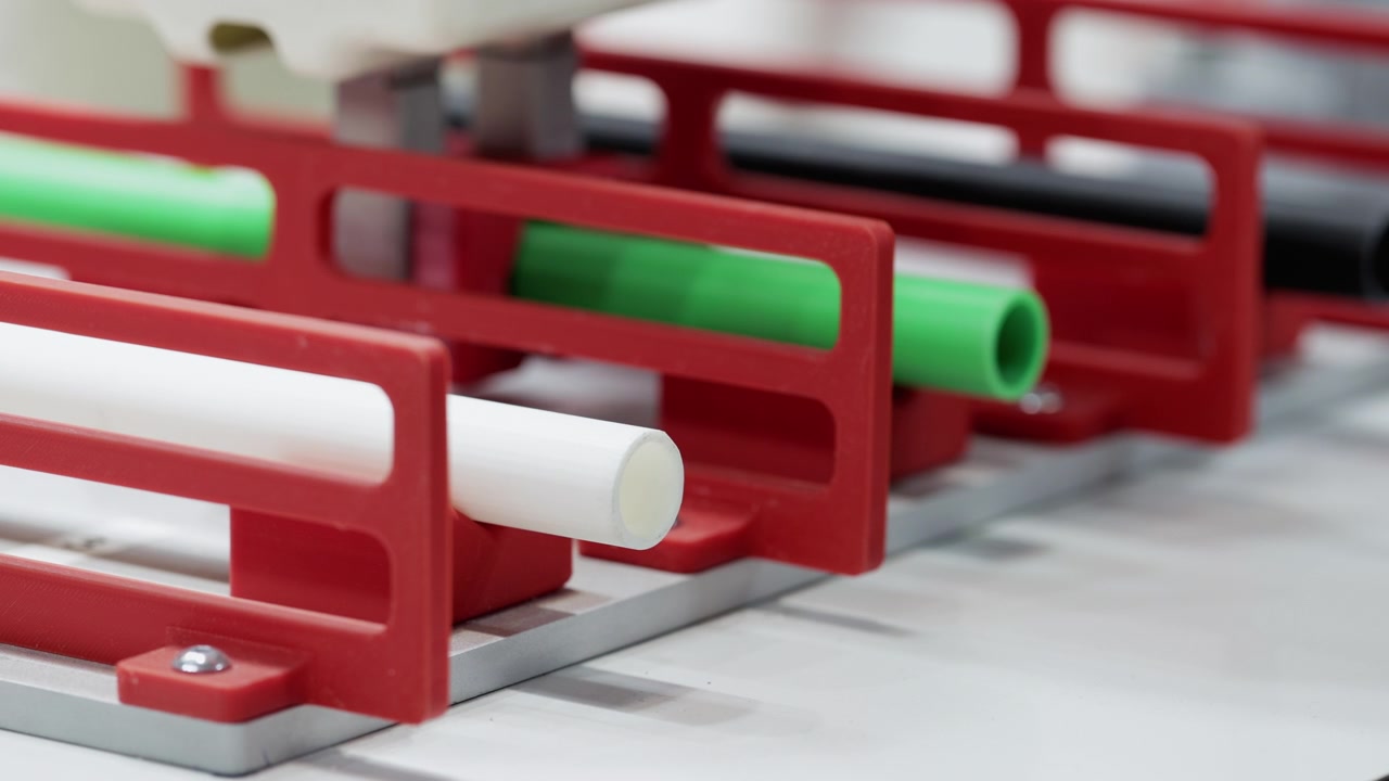Macchina Industriale Automatizzata che Smista Tubi di Plastica su Linea di Assemblaggio