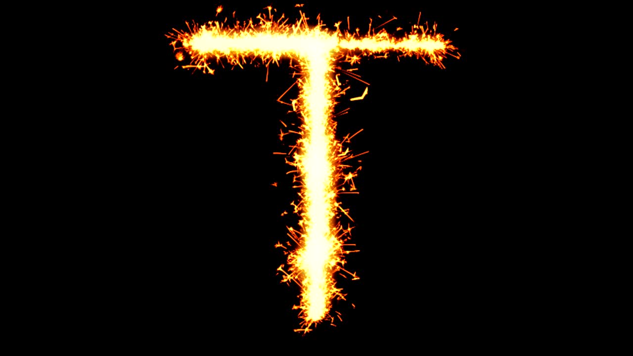 alfabeto t texto chispa chispa chispas fuego de artificio bucle de animación