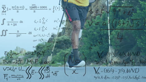 animation of mathematical data processing over biracial man with prosthetic leg walking