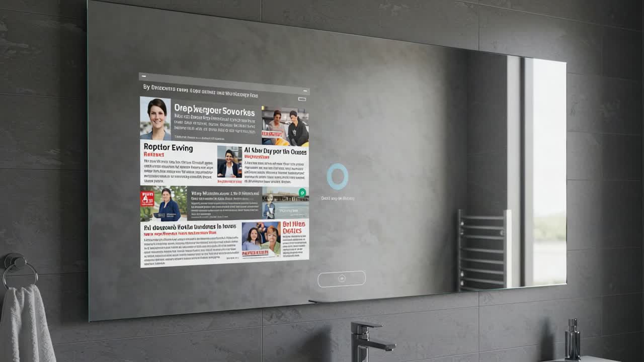 Reflective Technology in Modern Bathrooms: A Smart Mirror Showcasing News and Information for Daily Convenience