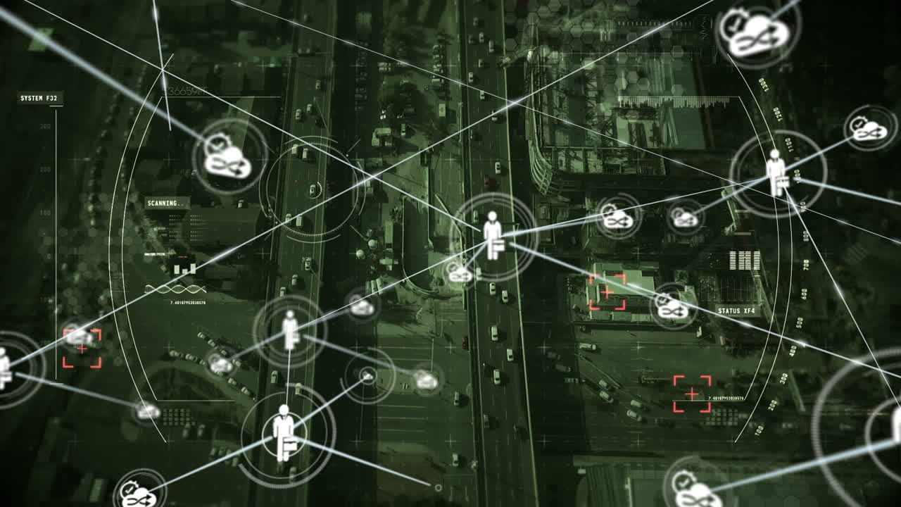 Animation of network of connections and scope scanning over cityscape