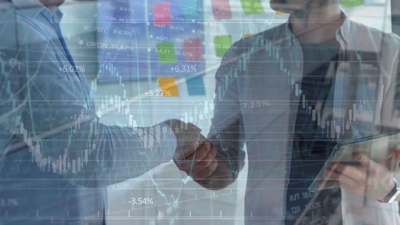 animación del globo y gráficos financieros sobre diversos hombres de negocios que se dan la mano