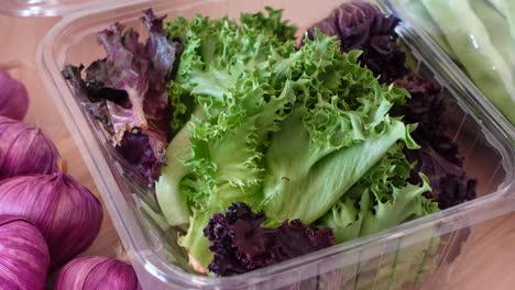 primer plano de lechuga verde y roja fresca en un recipiente de plástico transparente
