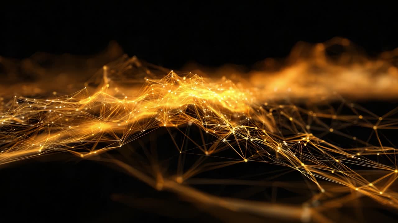 Glowing golden plexus network of lines and nodes forming an abstract digital landscape on black, symbolizing big data flow, technological connections and futuristic communication