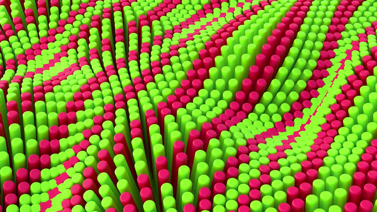 Abstract red green lines background with cylinders. Ceramic round tiles. Geometry pattern. Random cells. Polygonal glossy surface. Futuristic abstraction. Seamless loop 3d animation of 4K