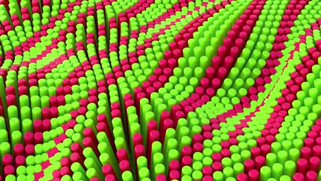 líneas verdes rojas abstractas fondo con cilindros. azulejos cerámicos redondos. patrón de geometría. células aleatorias. superficie poligonal brillante. abstracción futurista. bucle sin costuras animación 3d de 4k