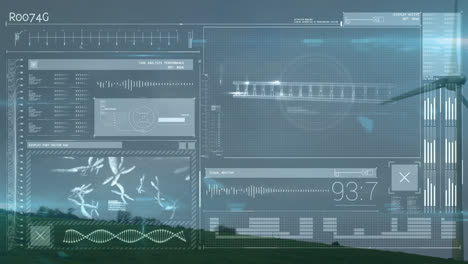 animation of data processing over wind turbine and sky