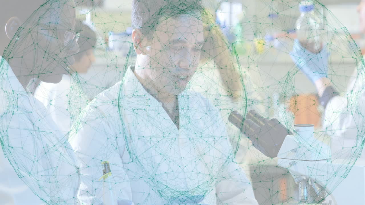 Scientists working in laboratory with network of connections overlay animation