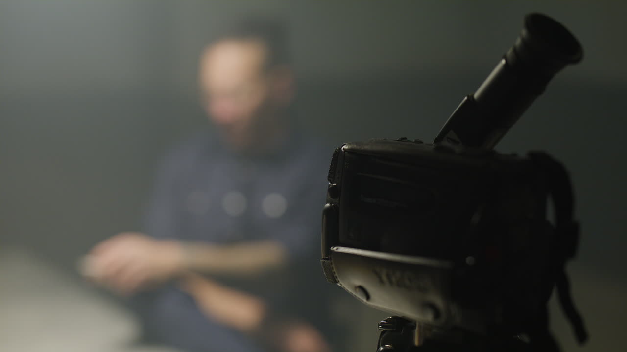 Police questionning inmate in jumpsuit on camera