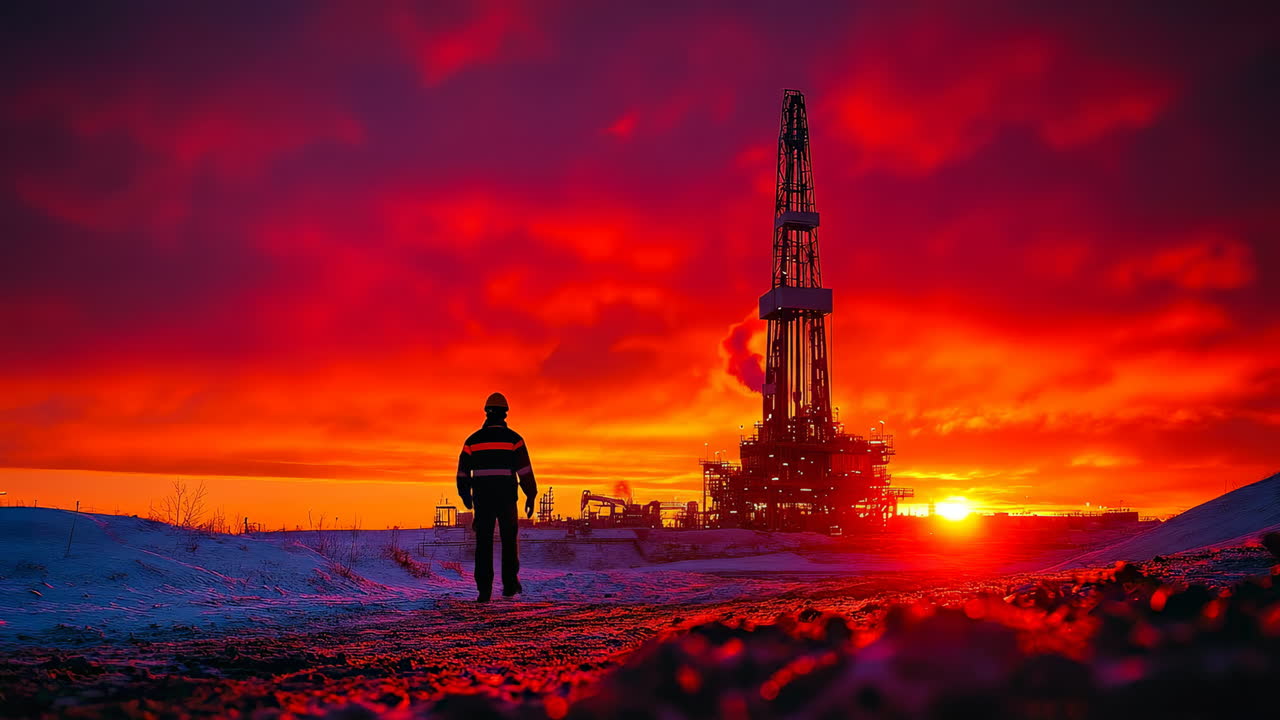 Winter sunset at drilling rig. A worker walks towards a drilling rig during a vibrant sunset in a snowy landscape, highlighting the industrial scene
