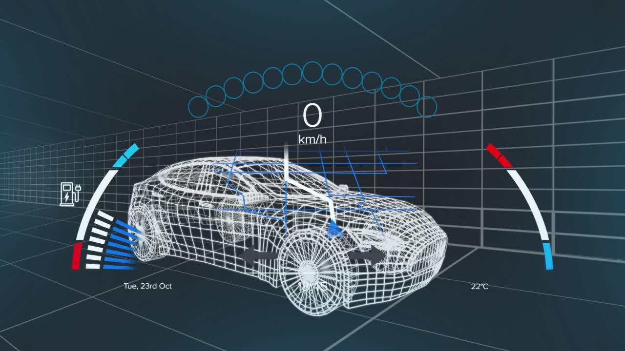 Starting animation 3D car showing speed rising 11-121 km or h, arc lights lighting dimming for UI de