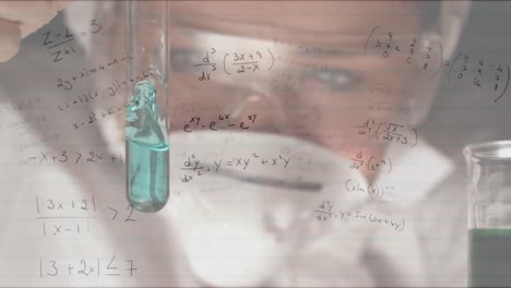 animation of mathematical equations over caucasian female scientist holding test tube at laboratory