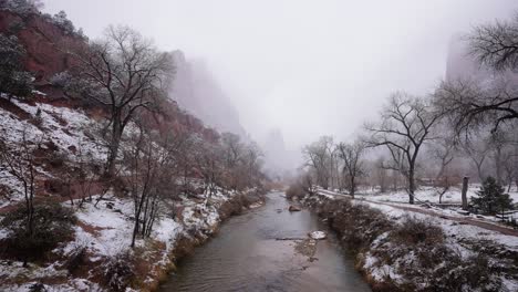 the virgin river in zion national park with heavy fog and low clouds