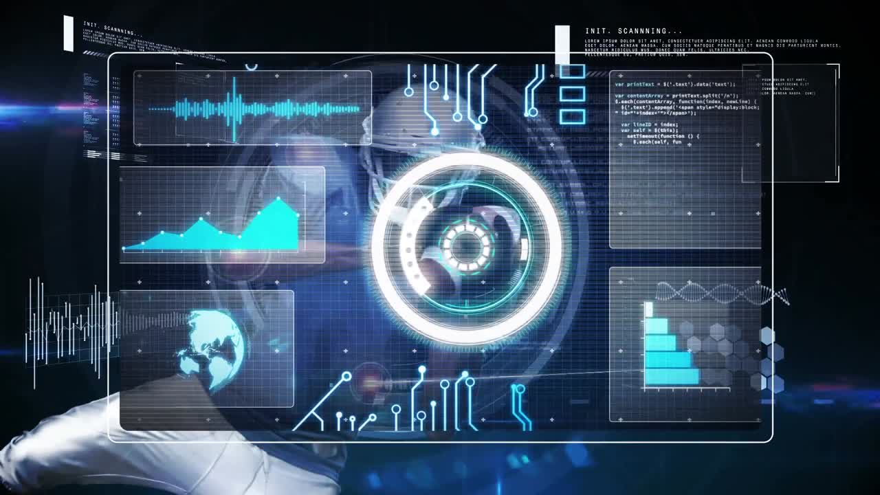 animación del procesamiento de datos sobre un jugador de fútbol americano masculino.