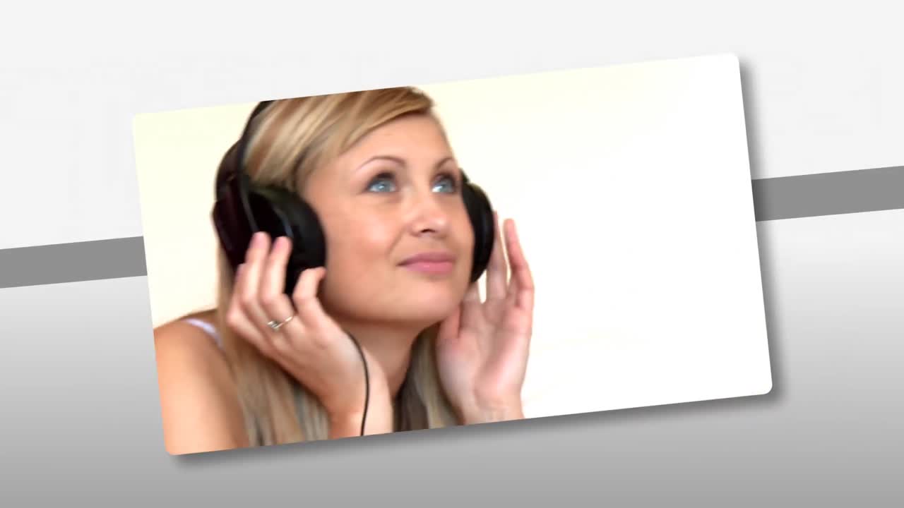 Montage på en ung kvinna som lyssnar på musik hemma