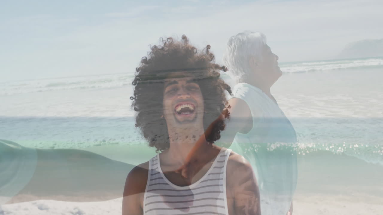 At beach, people smiling with ocean waves in background, creating animation scene