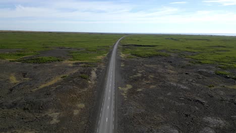 a long straight highway road leads to the horizon through green vegetation