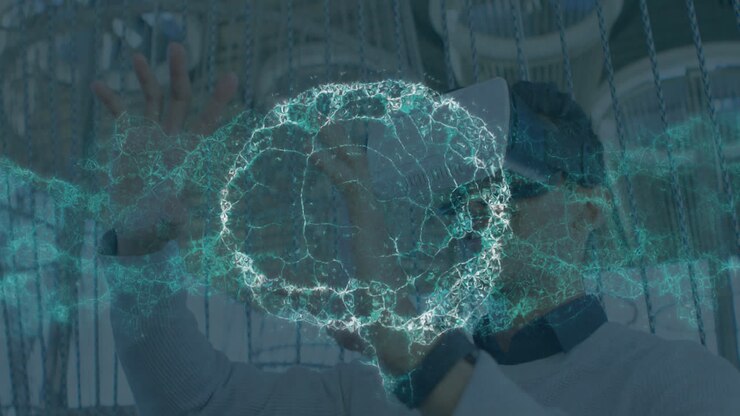 Animation of human brain spinning and data processing over businessman wearing vr headset
