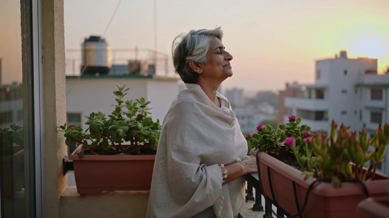 Donna anziana in piedi con uno scialle, che si riposa sulla ringhiera del balcone, chiudendo gli occhi e respirando, mentre il tramonto la calma